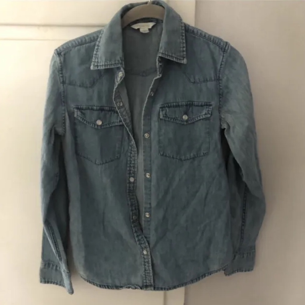 Garnet Hill Chambray Blouse Sz 0 Snap Front EUC